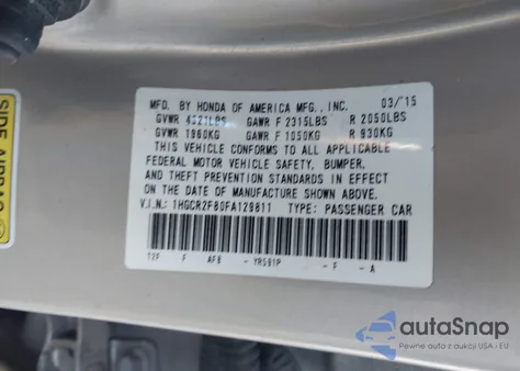 2015 Honda Accord Ex-L from USA, damaged, VIN 1HGCR2F80FA129811